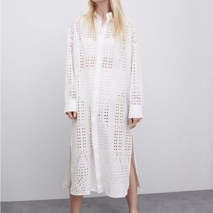 Zara White Crochet Open Embroidery Shirt Dress